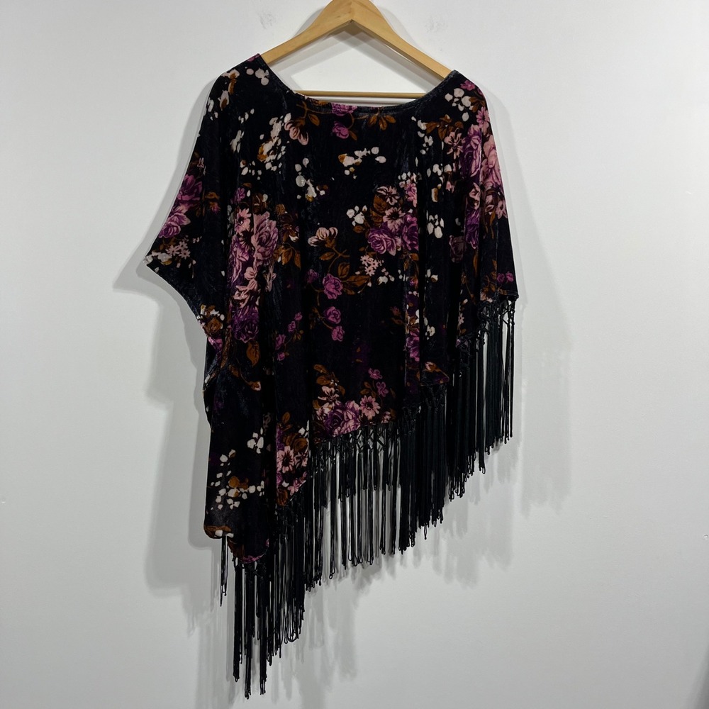 Saachi Anthropologie Womens Floral Velvet Fringe Poncho Top Boho Asymmetrical OS - Picture 9 of 12